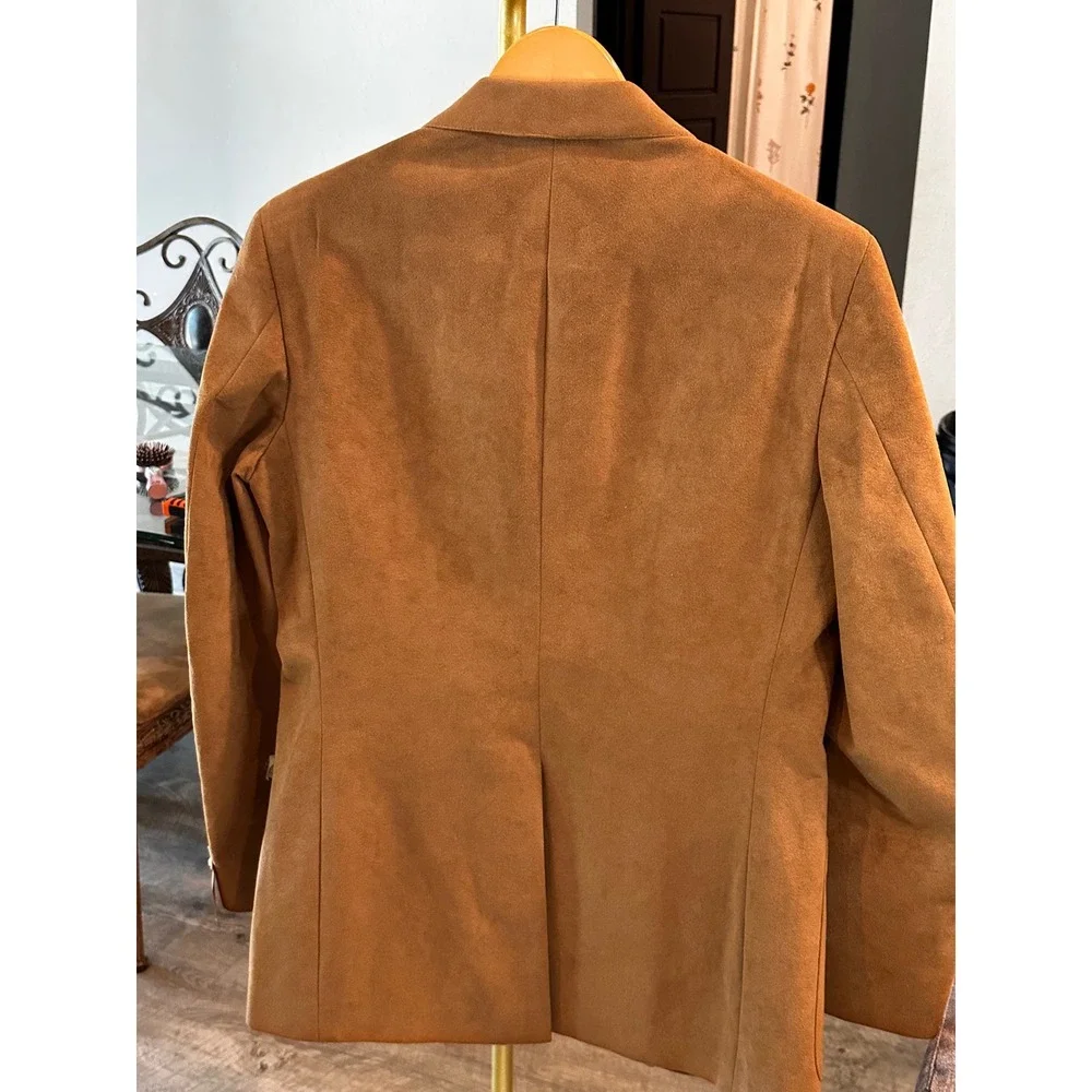 Vintage Mens Cognac Faux Suede Blazer Two Button Sport Coat Brown Size 39RG NWT